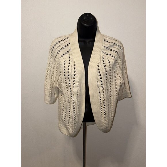 Liz Claiborne Crocheted Open Front Short Sleeve Cardigan Women Medium M Ivory - Picture 1 of 9